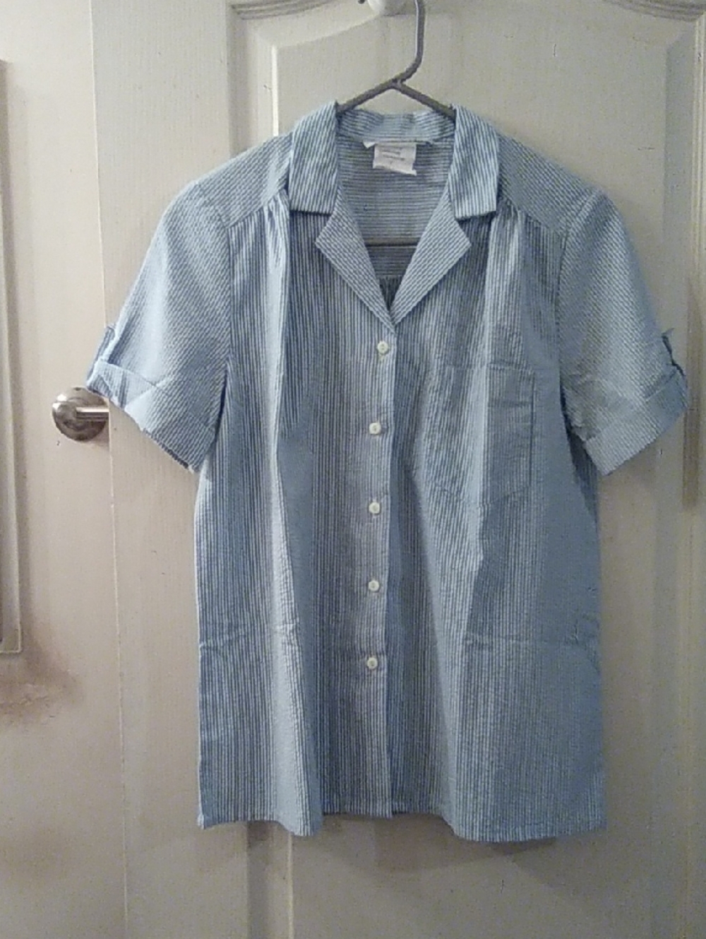 Light Blue Striped Short-Sleeve Women's Shirt